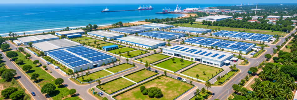 Vue aerienne d Ehoala Park parc industriel durable region Anosy Fort-Dauphin Madagascar avec panneaux solaires et espaces verts