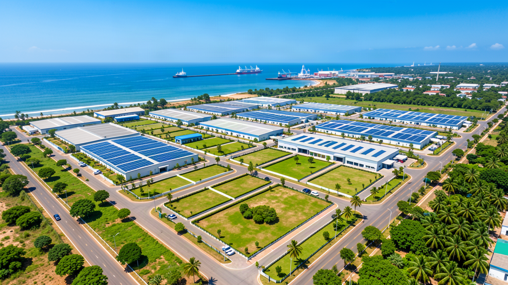 Vue aerienne d Ehoala Park parc industriel durable region Anosy Fort-Dauphin Madagascar avec panneaux solaires et espaces verts